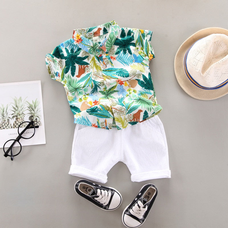 Conjunto Camisa Tropical + Bermuda Bebê Menino | 9 Meses - 4 Anos verde
