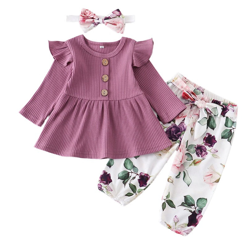 Conjunto roxo lilás floral Blusa Manga + Calça Floral +Laço Bebê Menina | 1-24 Meses-Internacional-bebe menina, conjunto vestido calça, conjunto de inverno