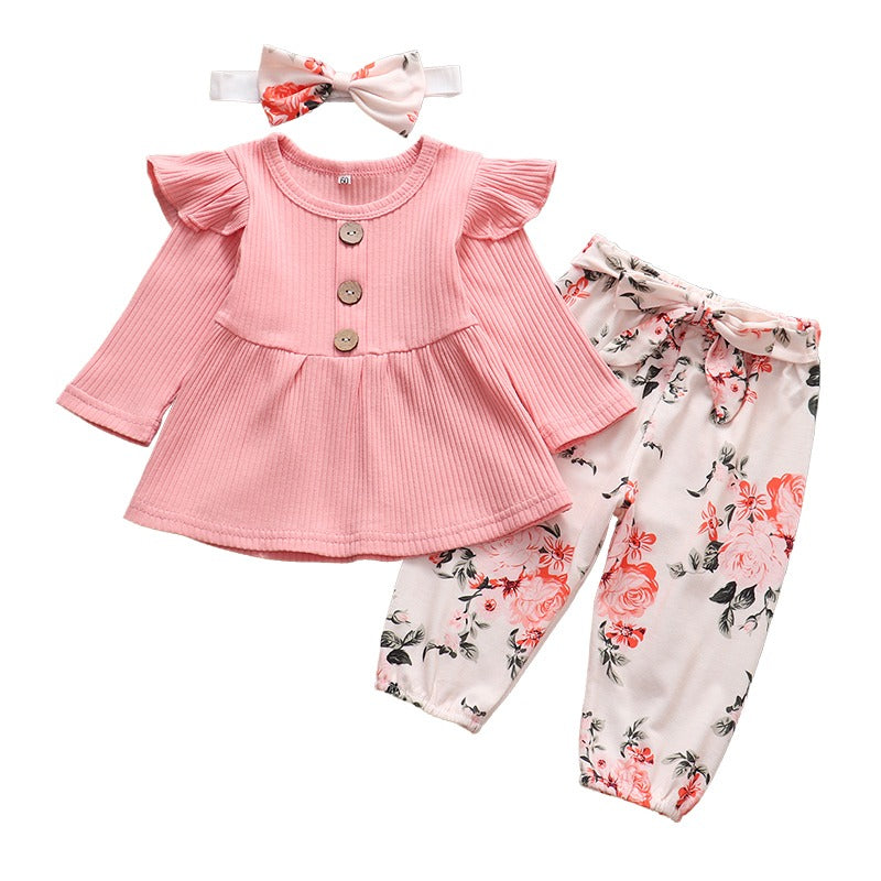 Conjunto rosa floral Blusa Manga + Calça Floral +Laço Bebê Menina | 1-24 Meses-Internacional-bebe menina, conjunto vestido calça, conjunto de inverno