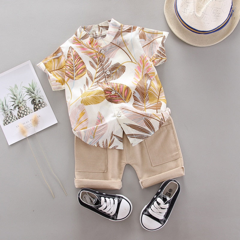 Conjunto Camisa Tropical + Bermuda Bebê Menino | 9 Meses - 4 Anos branco