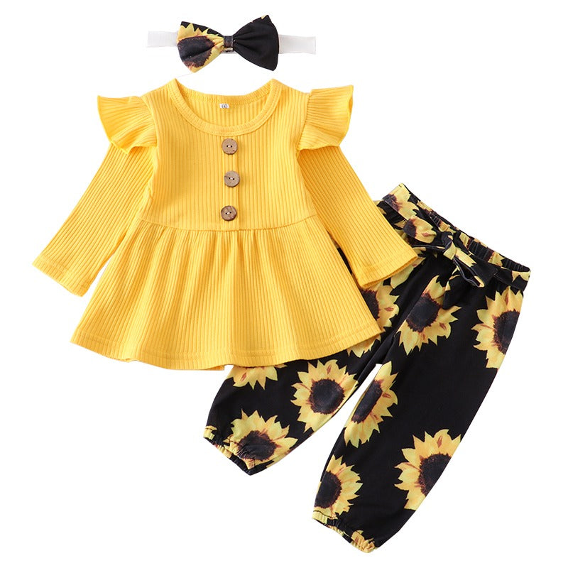 Conjunto amarelo floral girassol Blusa Manga + Calça Floral +Laço Bebê Menina | 1-24 Meses-Internacional-bebe menina, conjunto vestido calça, conjunto de inverno