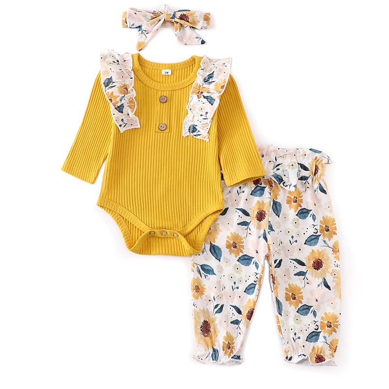 Conjunto Body Babados + Calça Floral+ Laço Bebê Menina amarelo