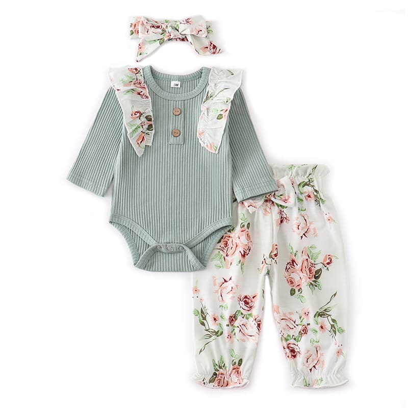 Conjunto Body Babados + Calça Floral+ Laço Bebê Menina cinza verde branco