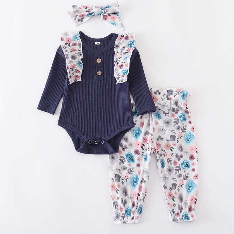 Conjunto Body Babados + Calça Floral+ Laço Bebê Menina azul marinho