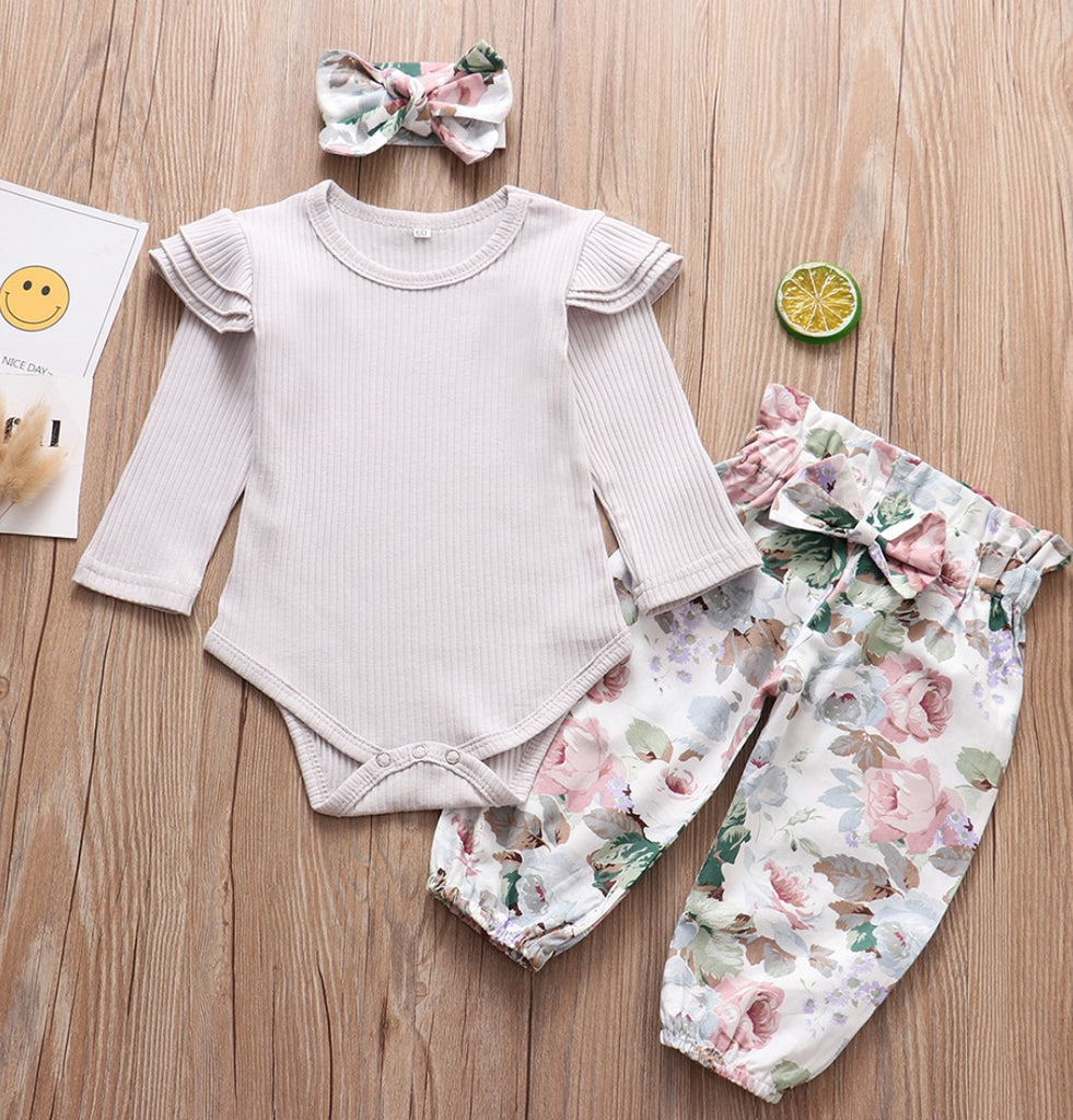 Conjunto Body Babados + Calça Floral+ Laço Bebê Menina marfim