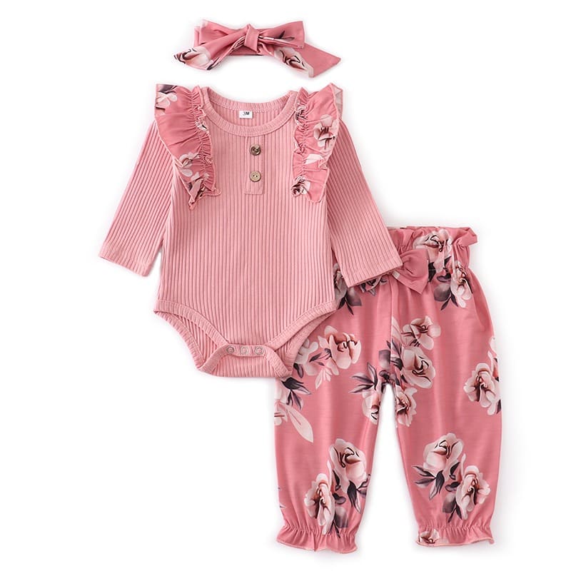 Conjunto Body Babados + Calça Floral+ Laço Bebê Menina rosa
