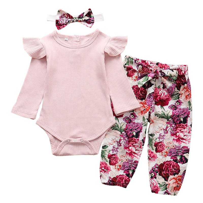 Conjunto Body Babados + Calça Floral+ Laço Bebê Menina rosa vermelho