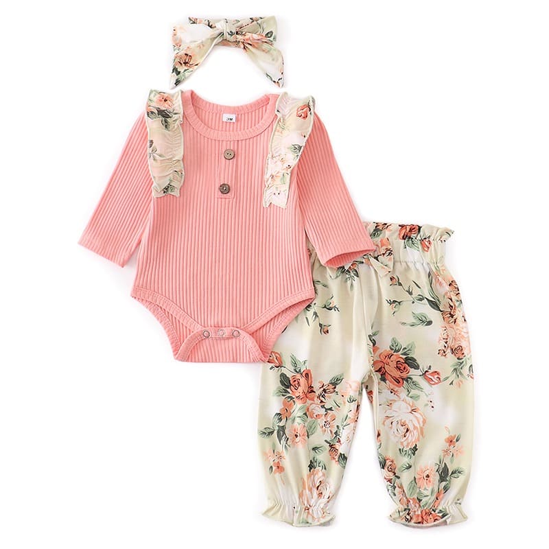 Conjunto Body Babados + Calça Floral+ Laço Bebê Menina rosa bege