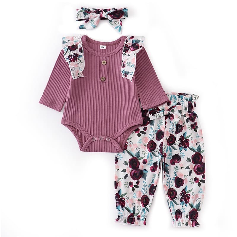 Conjunto Body Babados + Calça Floral+ Laço Bebê Menina roxo
