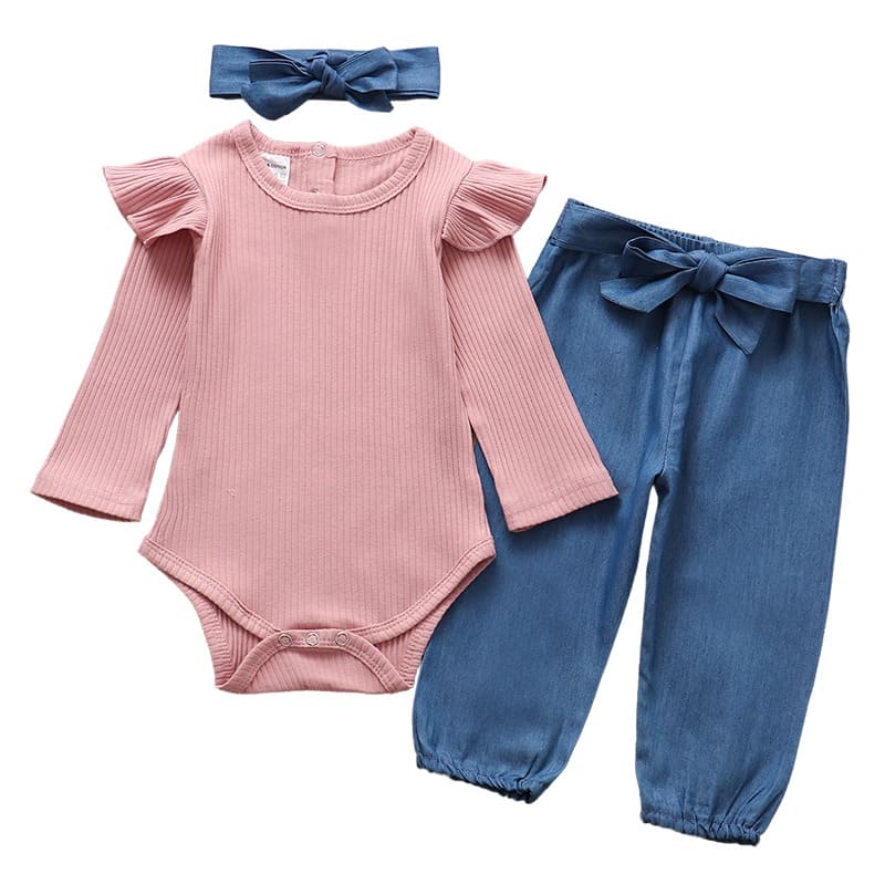 Conjunto Body Babados + Calça Floral+ Laço Bebê Menina rosa jeans