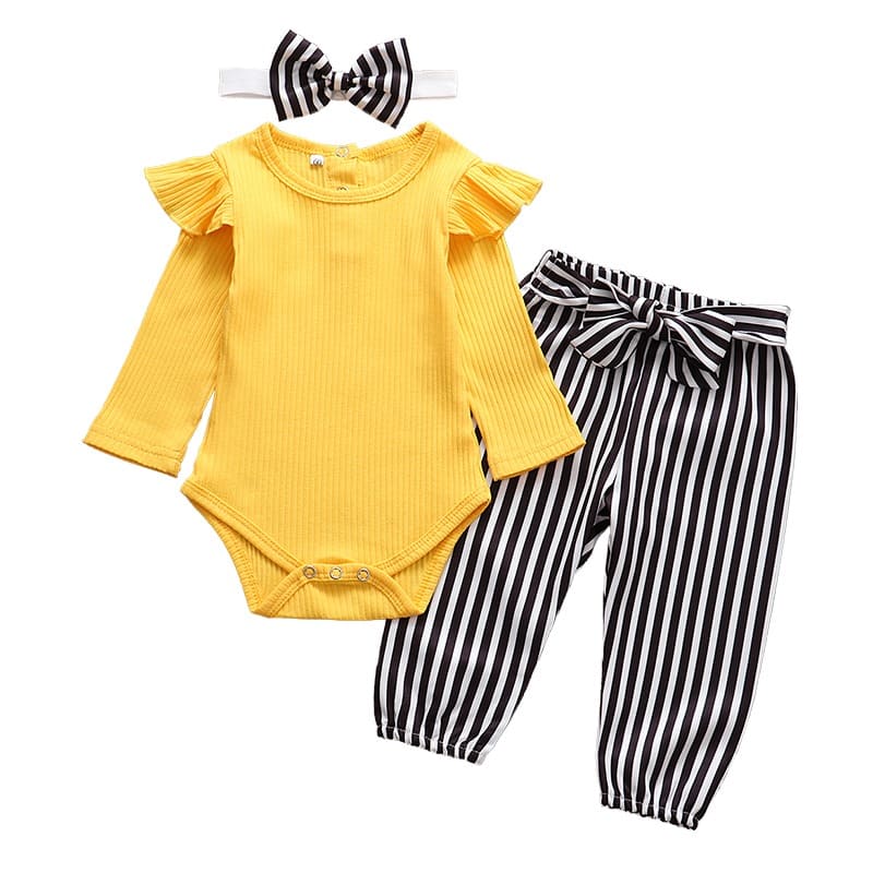 Conjunto Body amarelo Babados + Calça listrada  Laço Bebê Menina