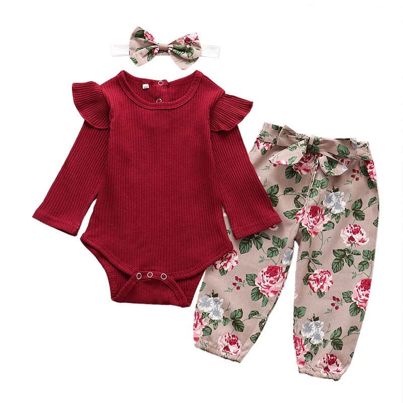 Conjunto Body Babados + Calça Floral+ Laço Bebê Menina vermelho