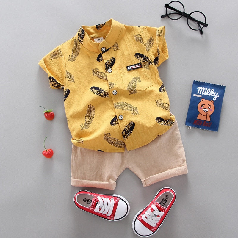 Conjunto Camisa Tropical + Bermuda Bebê Menino | 9 Meses - 4 Anos amarelo folhas