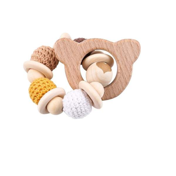 Mordedor de Madeira com Bolinhas de Crochê | 3-12 Meses-brinquedo,madeira,mordedor,mordedor de madeira,mordedor de madeira com lã,mordedor não tóxico