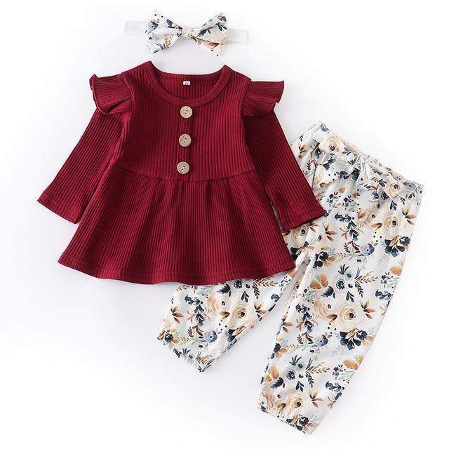 Conjunto Blusa Manga + Calça Floral +Laço Bebê Menina | 1-24 Meses-Internacional-bebe menina,conjunto,conjunto body calça,conjunto de inverno,menina