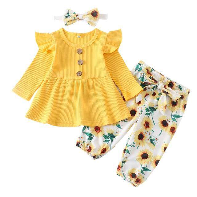 Conjunto Blusa Manga + Calça Floral +Laço Bebê Menina | 1-24 Meses-Internacional-bebe menina,conjunto,conjunto body calça,conjunto de inverno,menina
