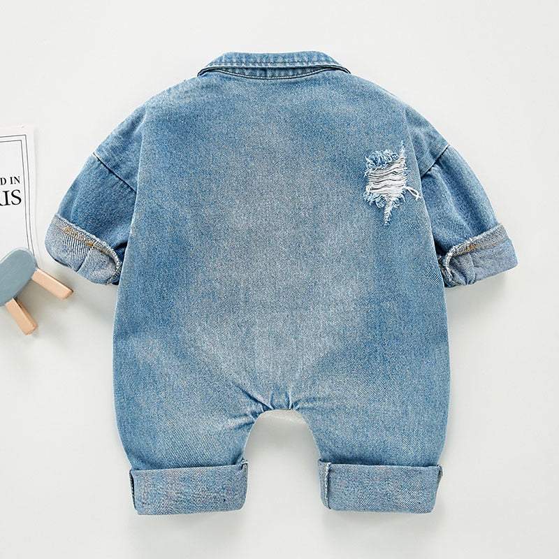 Macacão Jeans Bebê Menino de Manga | 3 Meses - 3 Anos-algodão,jeans,jeans bebe,macacão jeans,menino