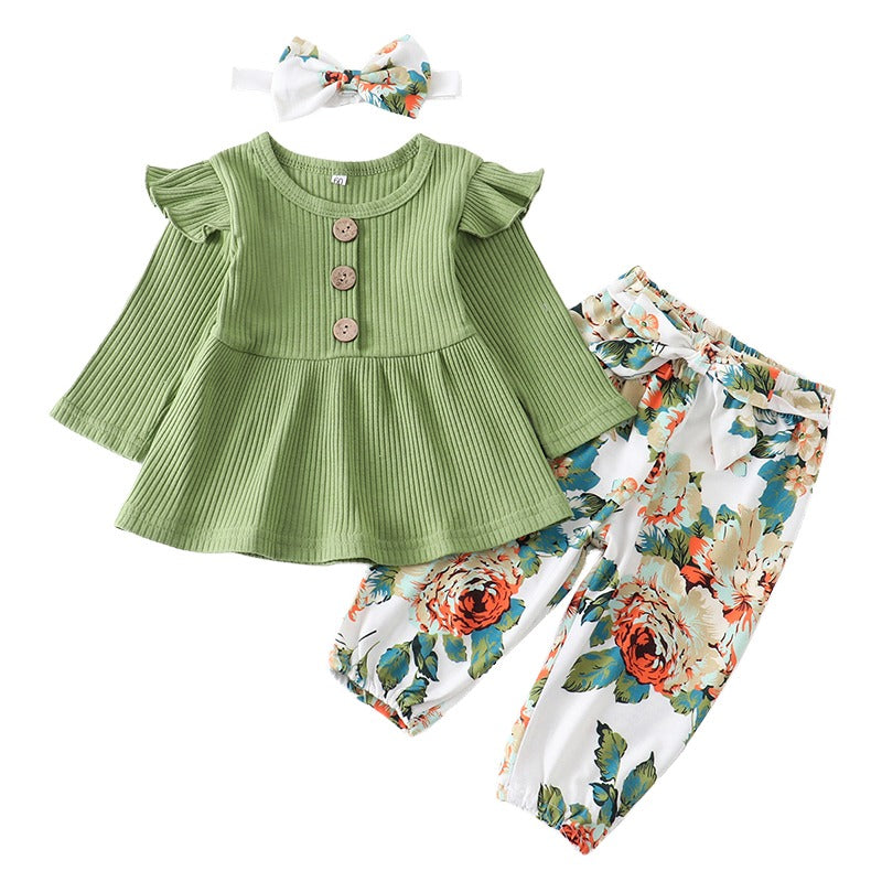 Conjunto verde floral Blusa Manga + Calça Floral +Laço Bebê Menina | 1-24 Meses-Internacional-bebe menina, conjunto vestido calça, conjunto de inverno