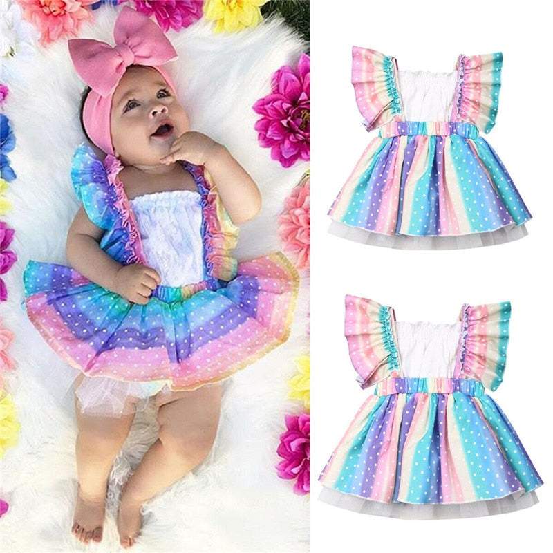 Vestido Bebê Menina Arco-íris Babados Verão | 3-18 Meses-arco-íris,babados,menina,verão,vestido