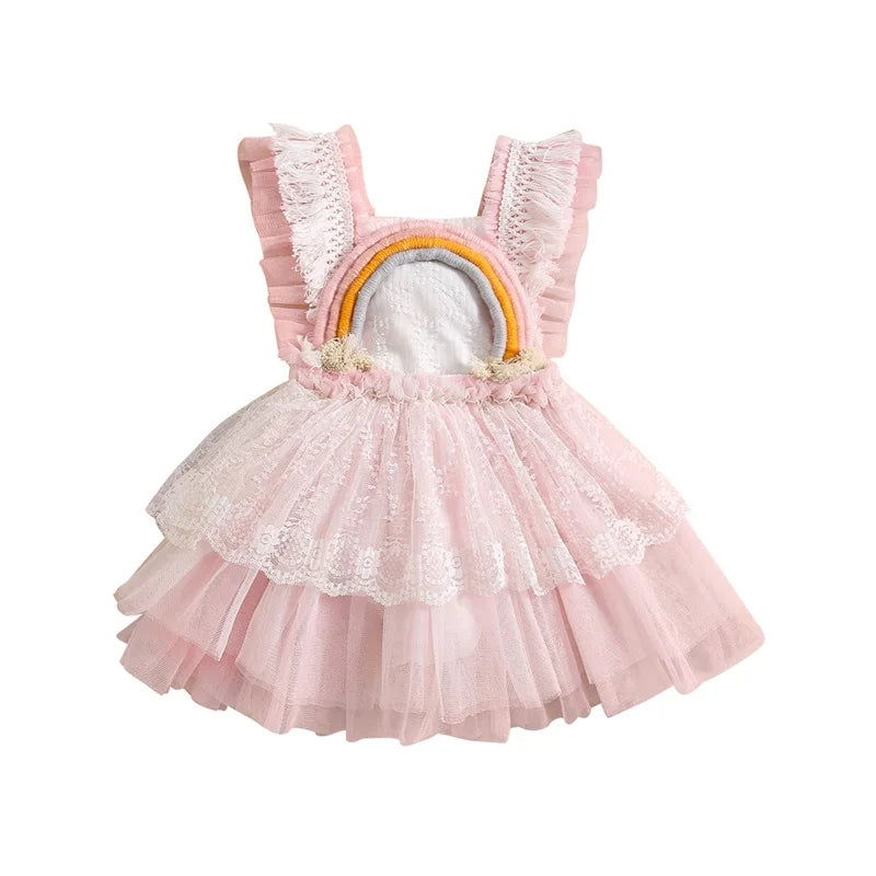 Vestido-Body Arco-íris Babados Bebê Menina Rosa 3 meses 1 ano