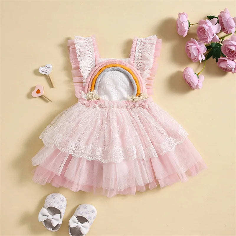 Vestido-Body Arco-íris Babados Bebê Menina Rosa 3 meses 1 ano