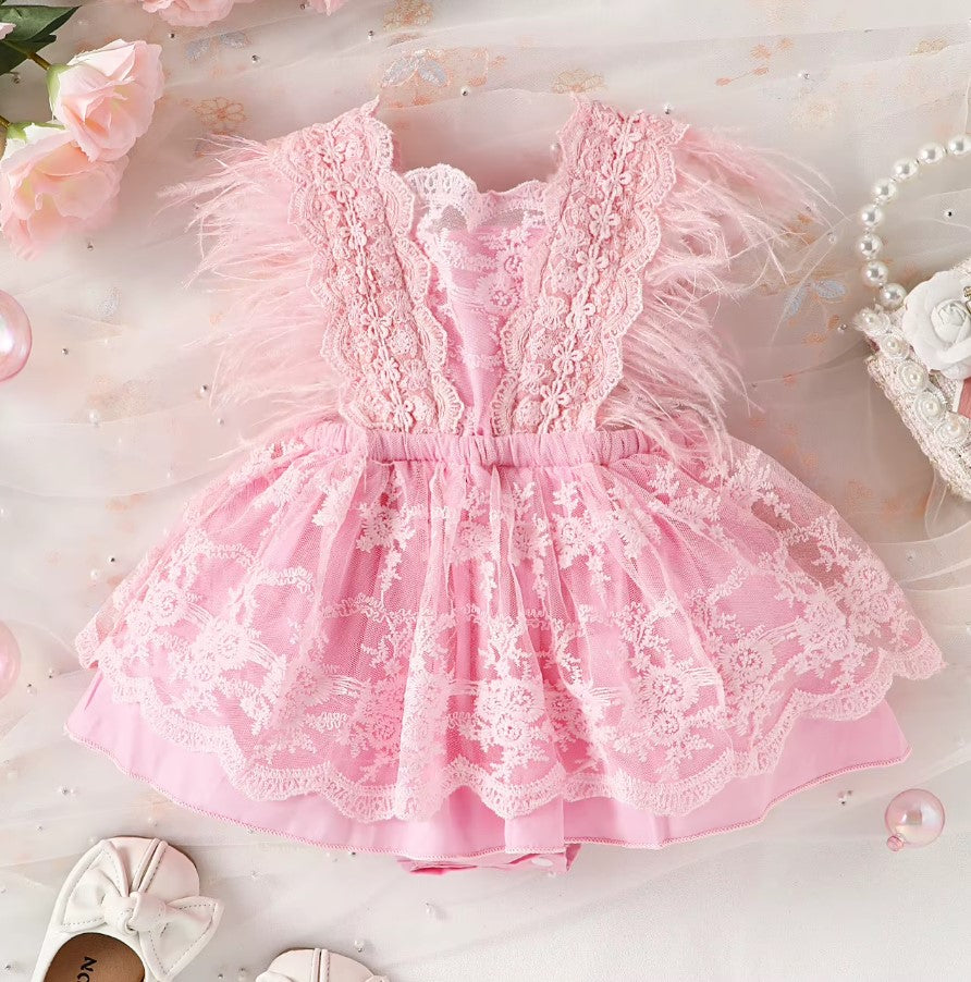 Vestido de festa rosa Rendas e Plumas Bebê Menina