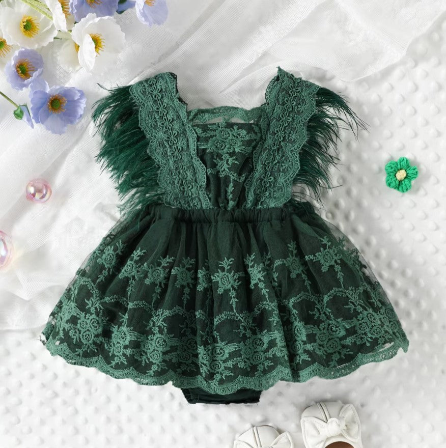 Vestido de festa verde natal Rendas e Plumas Bebê Menina