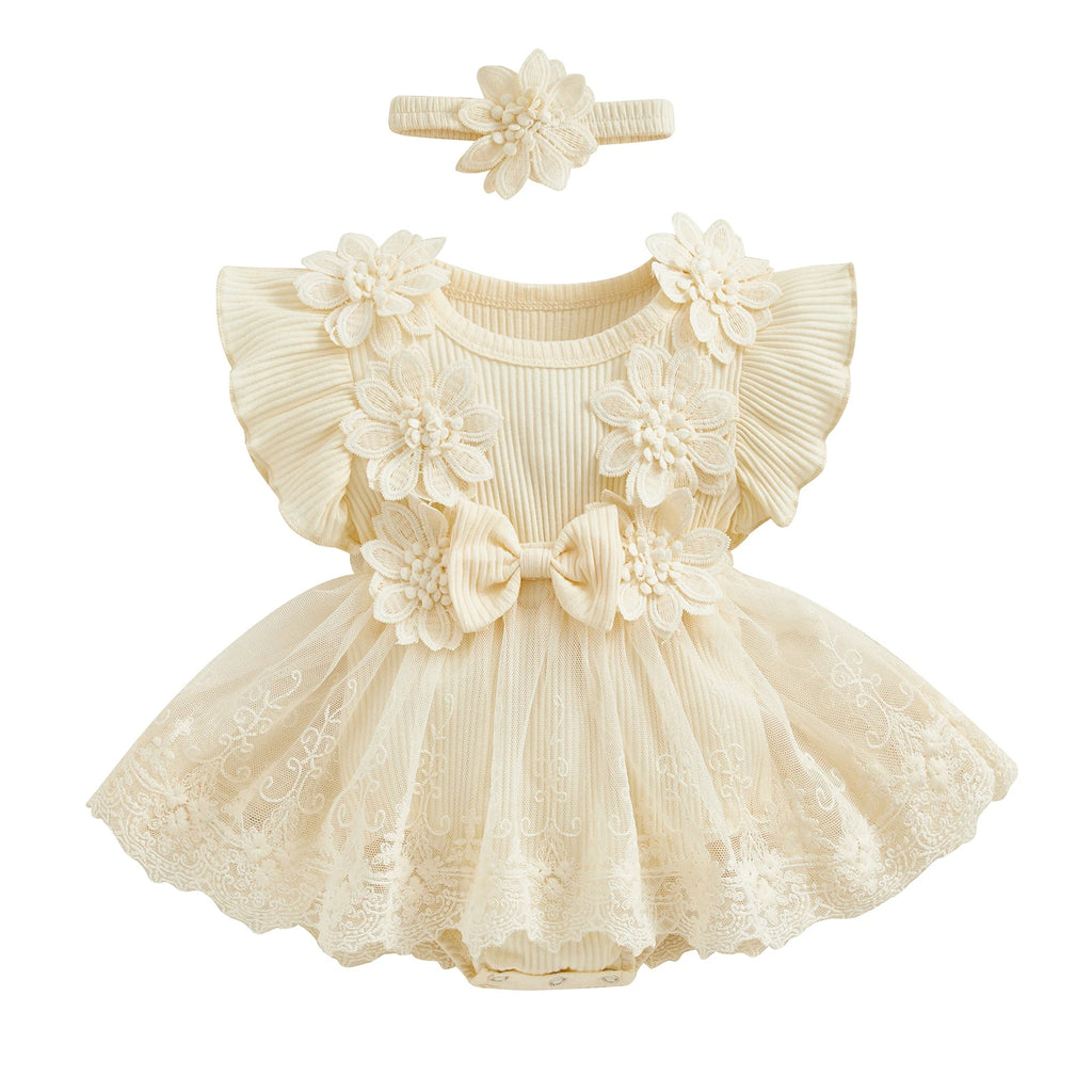 Vestido-Macaquinho de Festa Bordados Florais c/ Tiara princesa bebê | 0-18M bege amarelo 