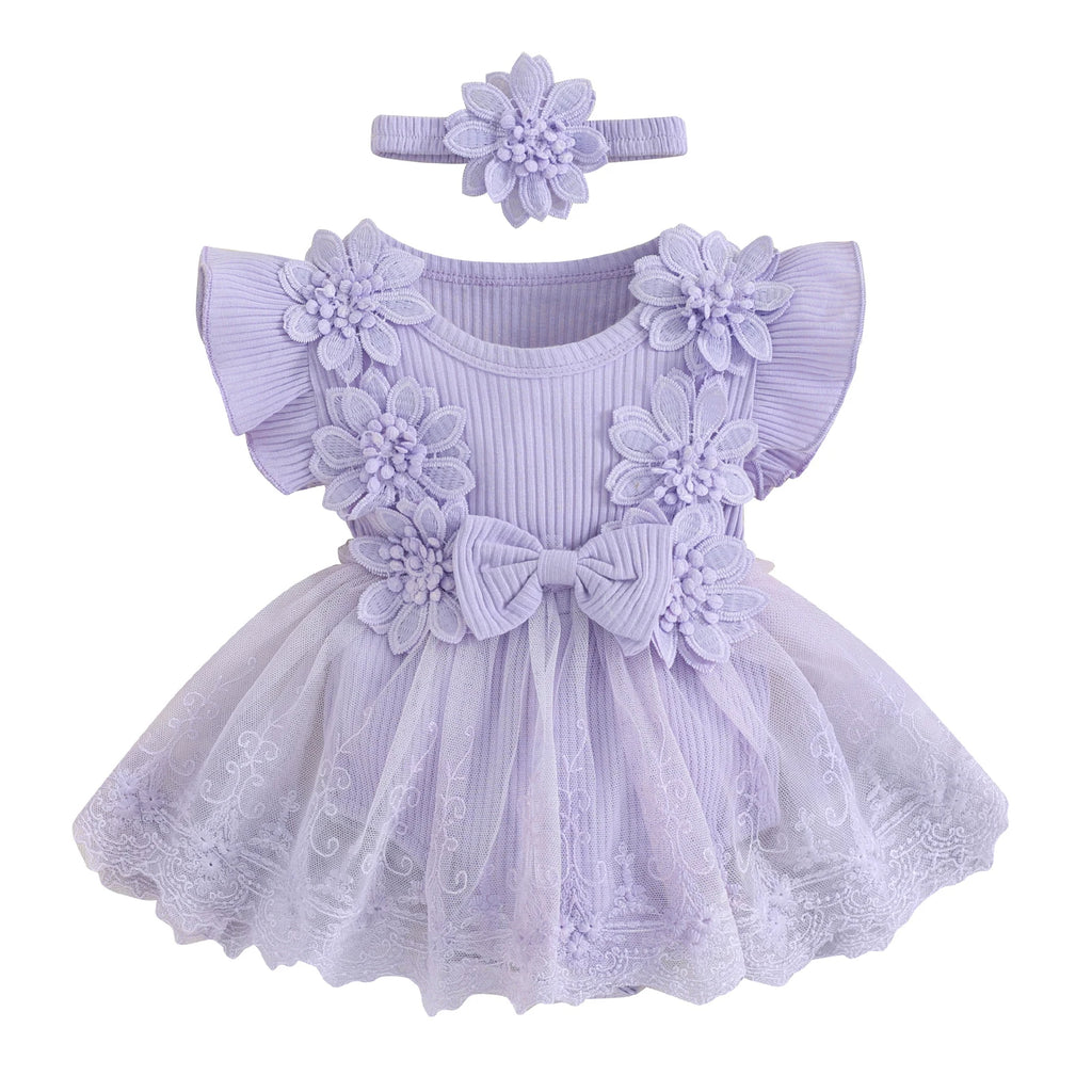 Vestido-Macaquinho de Festa Bordados Florais c/ Tiara princesa bebê | 0-18M roxo lilás