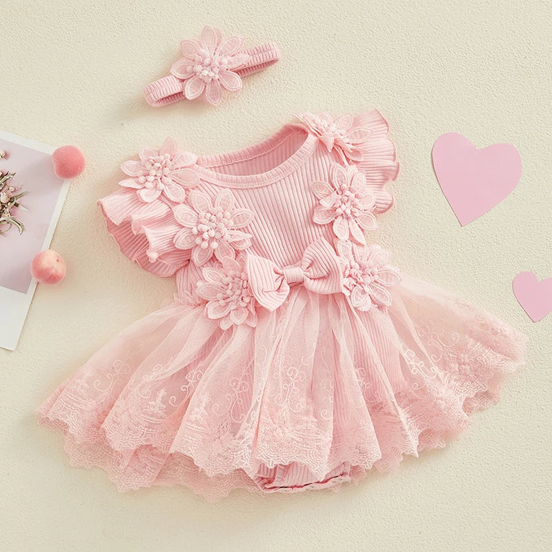 Vestido-Macaquinho de Festa Bordados Florais c/ Tiara princesa bebê | 0-18M rosa rosê renda 