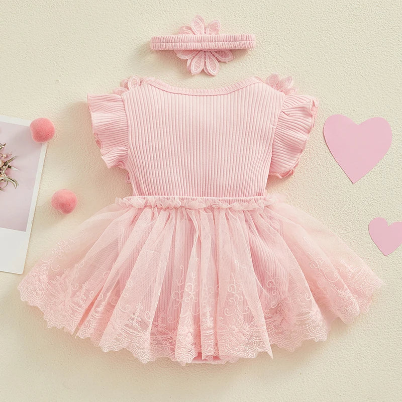 Vestido-Macaquinho de Festa Bordados Florais c/ Tiara princesa bebê | 0-18M ROSA