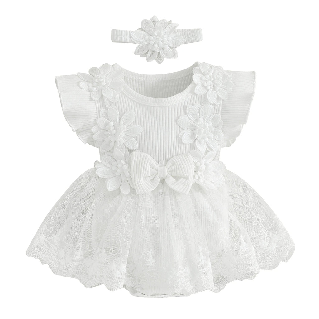 Vestido-Macaquinho de Festa Bordados Florais c/ Tiara princesa bebê | 0-18M branco batizado