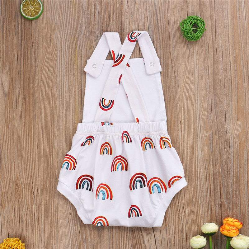 Macaquinho de Verão Estampado Branco Bebê Menina/ Menino | 0-24 Meses-alaranjado,amarelo,arco-íris,branco,estampado,macaquinho,macaquinho branco,macaquinho estampado,menina,menino,sol,unisex,verão