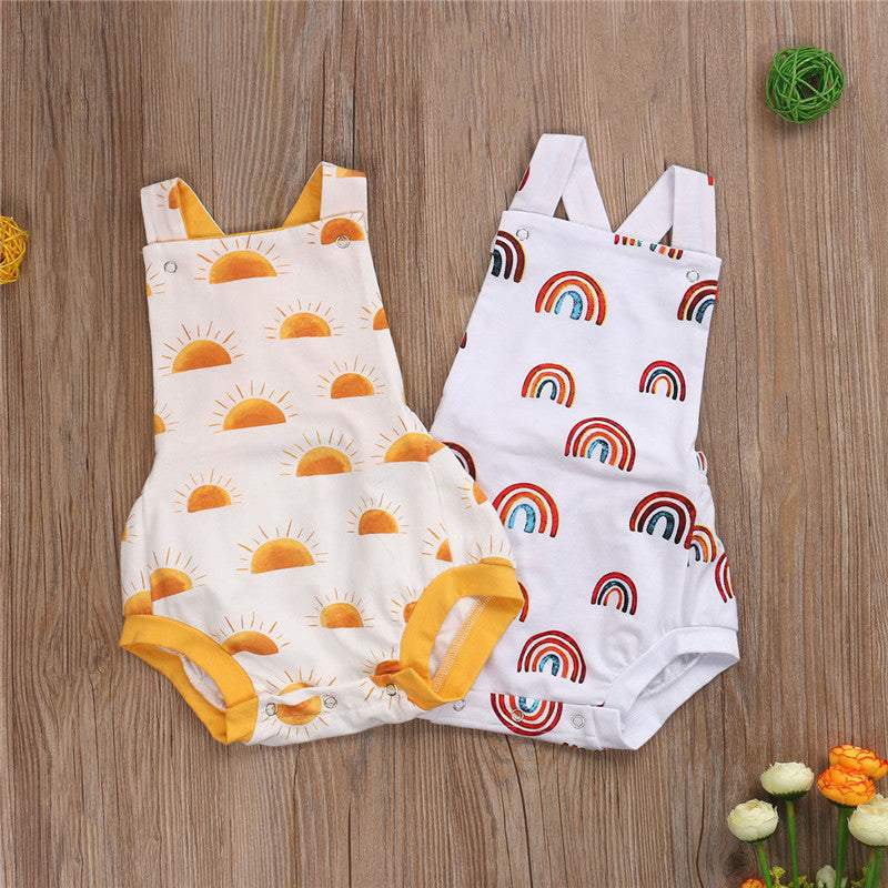 Macaquinho de Verão Estampado Branco Bebê Menina/ Menino | 0-24 Meses-alaranjado,amarelo,arco-íris,branco,estampado,macaquinho,macaquinho branco,macaquinho estampado,menina,menino,sol,unisex,verão