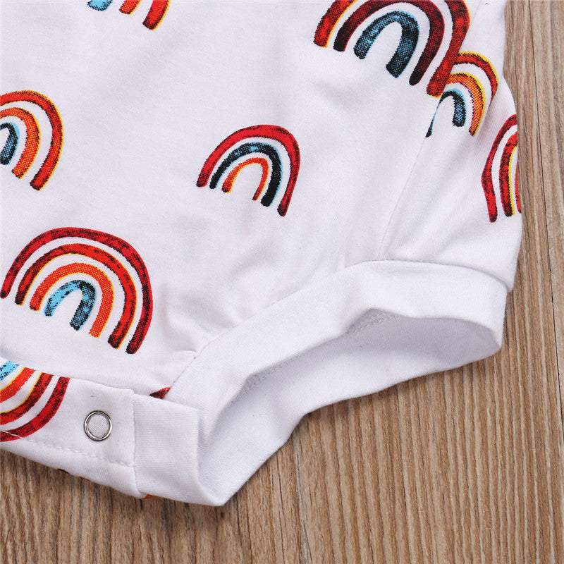 Macaquinho de Verão Estampado Branco Bebê Menina/ Menino | 0-24 Meses-alaranjado,amarelo,arco-íris,branco,estampado,macaquinho,macaquinho branco,macaquinho estampado,menina,menino,sol,unisex,verão