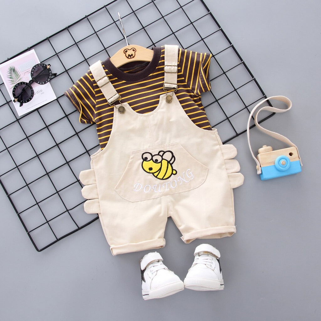 Conjunto-Infantil-T-shirt-Listrada +Jardineira-Menino creme amarelo
