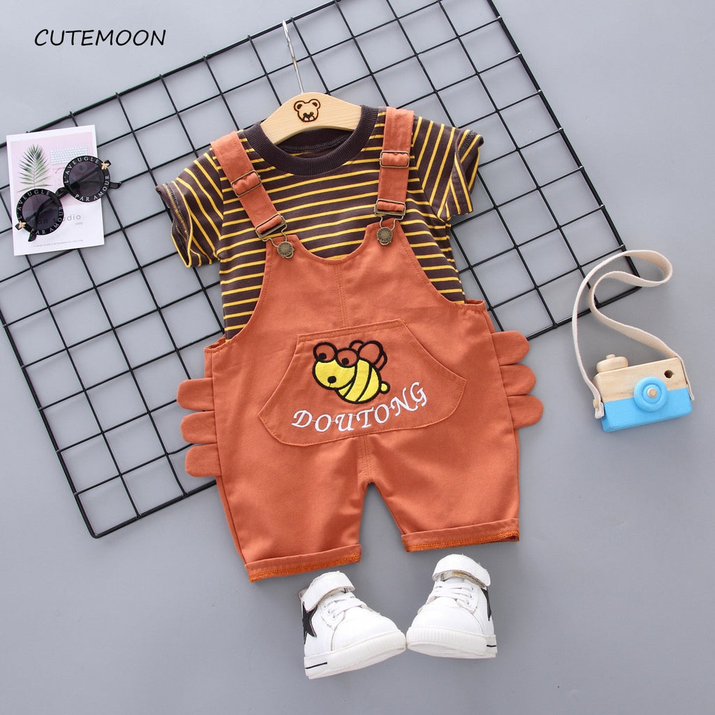 Conjunto-Infantil-T-shirt-Listrada +Jardineira-Menino  Laranja amarelo