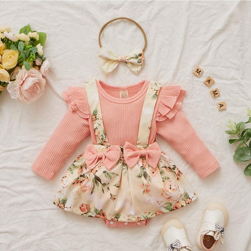 Conjunto Floral Salopete+ Body Manga Longa+ Laço Bebê Menina-Conjunto Floral Bebê Menina,Roupa Body Manga Longa Bebê Menina,vestido floral bebê menina,vestido rosa estampado bebê menina