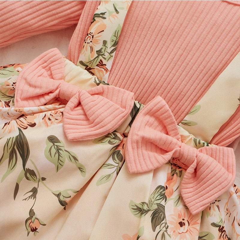 Conjunto Floral Salopete+ Body Manga Longa+ Laço Bebê Menina-Conjunto Floral Bebê Menina,Roupa Body Manga Longa Bebê Menina,vestido floral bebê menina,vestido rosa estampado bebê menina
