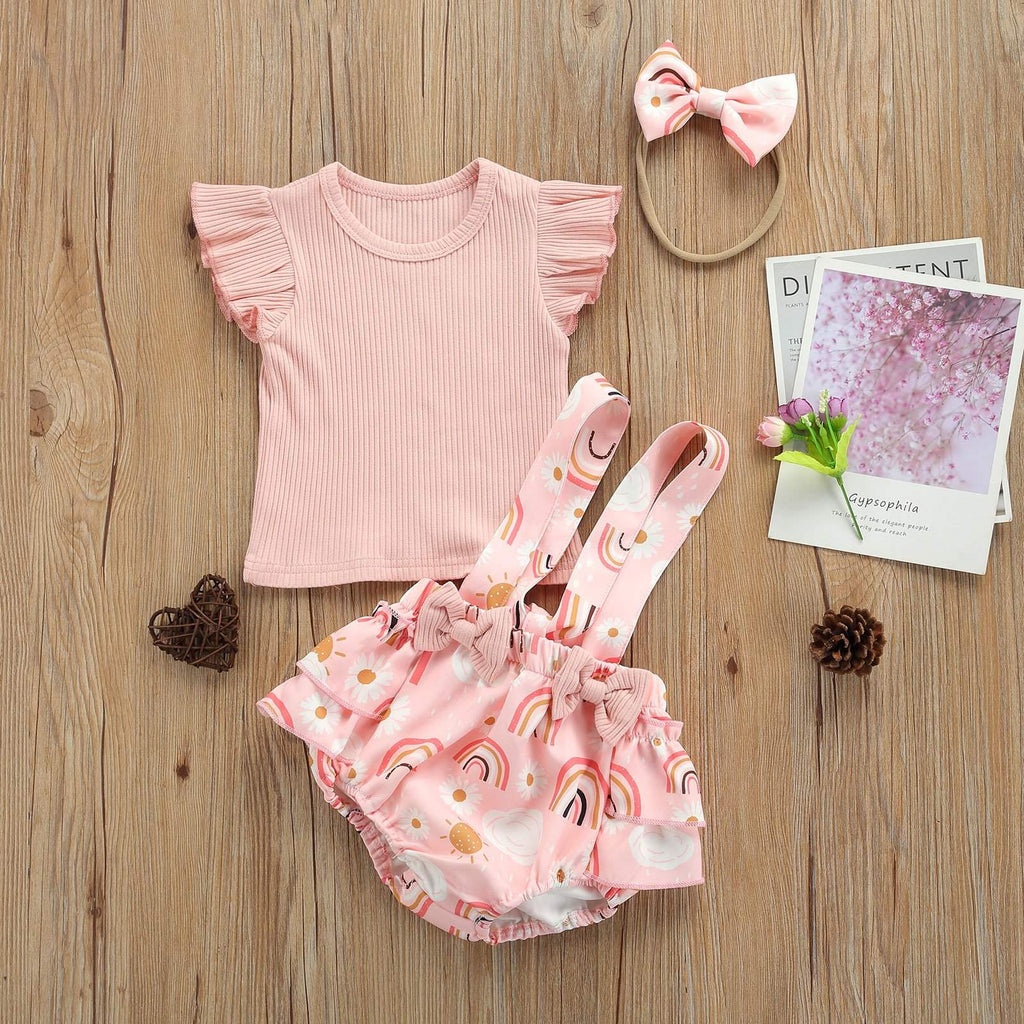 Conjunto Bebê Menina Verão Blusa de Manga Curta + Macaquinho + Laço | 0-18 Meses
