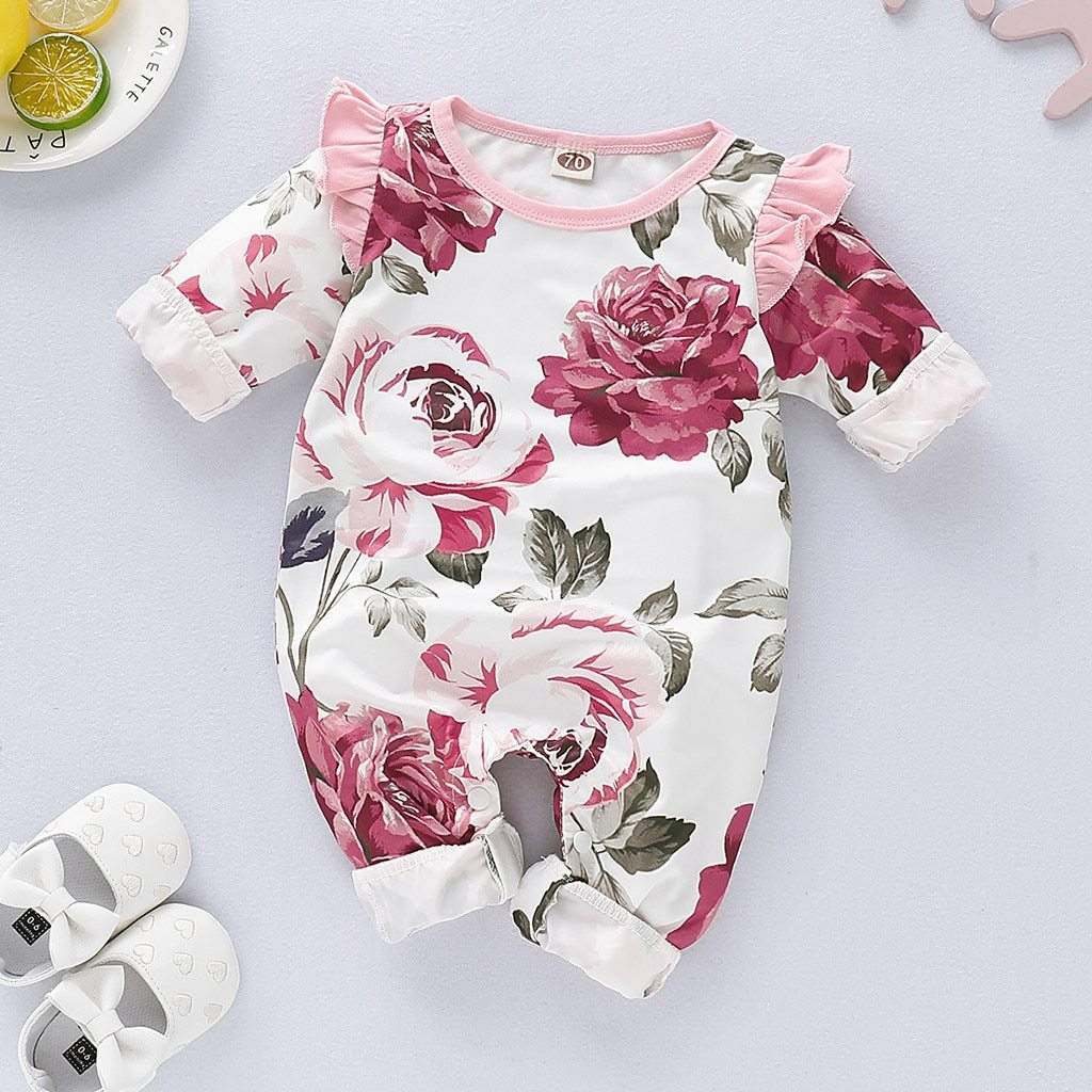 Macacão Branco Floral Bebê Menina c/Babados| 0-18 Meses-ensaio,macacão algodão,macacão bebe menina,macacão menina,menina,recem-nascido,roupa bebe,roupa menina