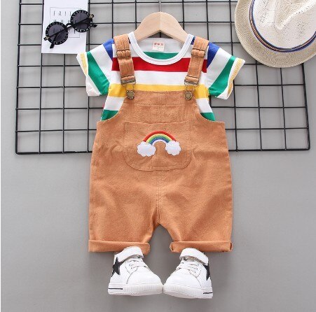 Conjunto-Infantil-T-shirt-Listrada +Jardineira-Menino (1) marrom