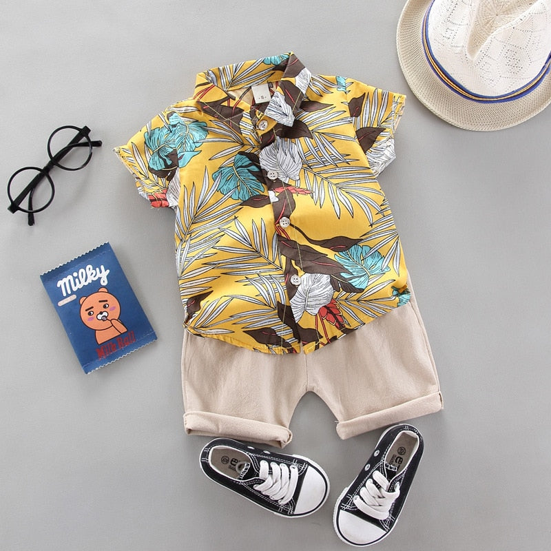 Conjunto Camisa Tropical + Bermuda Bebê Menino | 9 Meses - 4 Anos amarelo