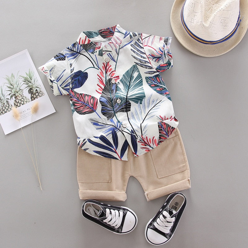 Conjunto Camisa Tropical + Bermuda Bebê Menino | 9 Meses - 4 Anos branco