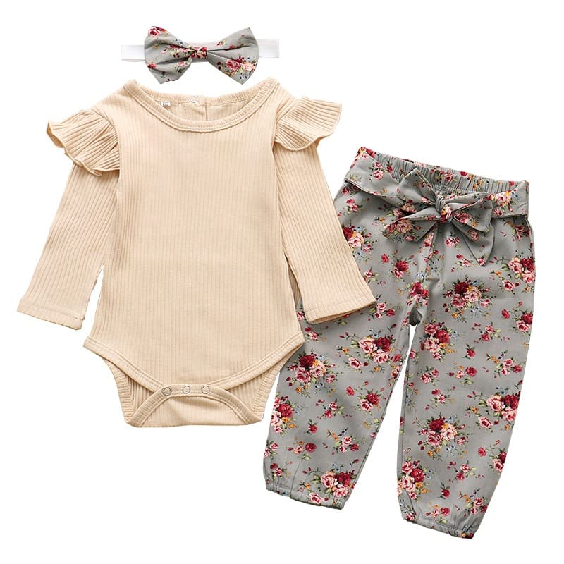 Conjunto Body Babados + Calça Floral+ Laço Bebê Menina bege cinza
