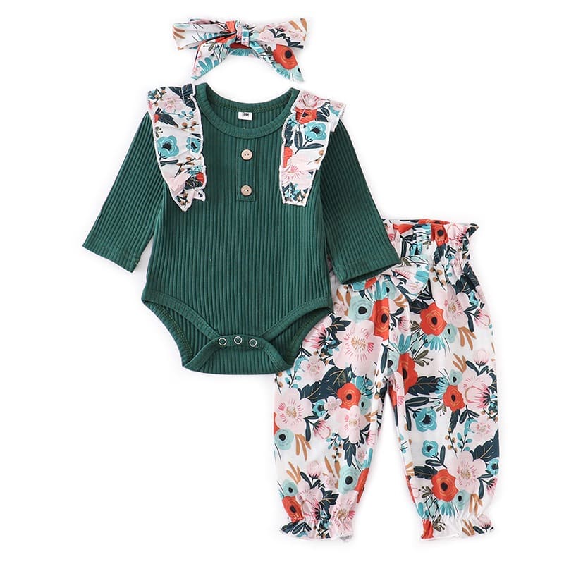 Conjunto Body Babados + Calça Floral+ Laço Bebê Menina verde