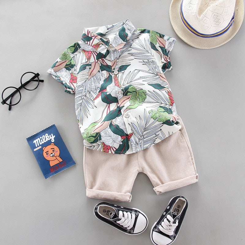 Conjunto Camisa Tropical + Bermuda Bebê Menino | 9 Meses - 4 Anos branco