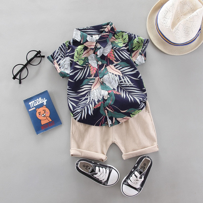 Conjunto Camisa Tropical  azul marinho+ Bermuda Bebê Menino | 9 Meses - 4 Anos verão