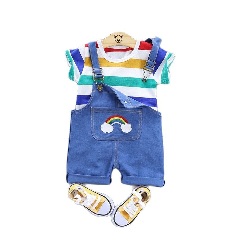 Conjunto Infantil T-shirt Listrada + Jardineira Menino jeans