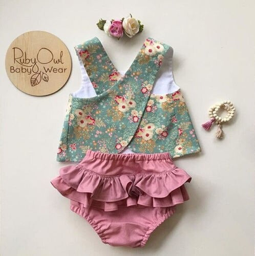 conjunto de verão bebê menina tapa fralda c/babados + cropped floral 3 6 9 12 18 meses floral estampado babado fofo festa passeio evento laço lacinho verão fresco fresquinho leve roupa criança infantil verde